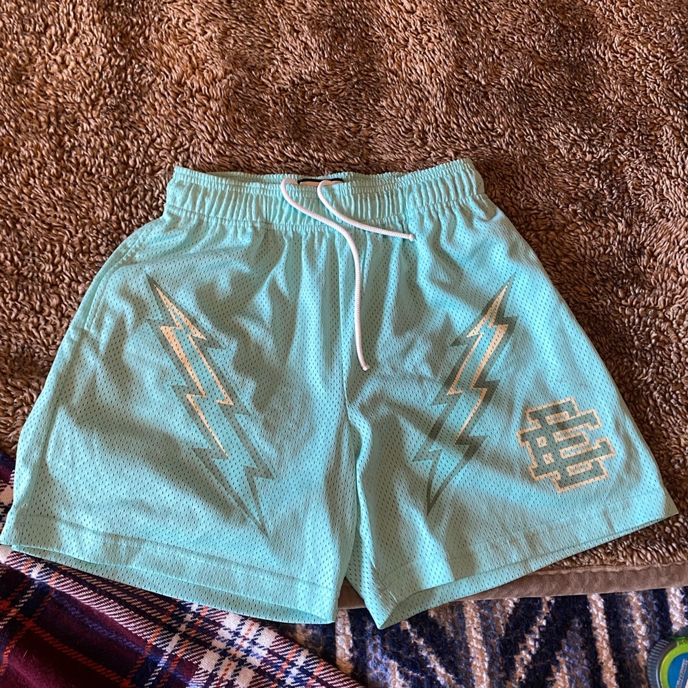 Eric Emanuel Light Aqua Athletic Mesh Shorts with Lightning Print Size Medium